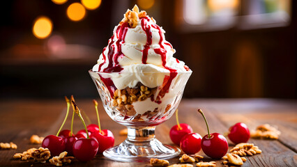 A decadent dessert: creamy whipped topping, berry sauce, crunchy granola, and sweet cherries. Perfect for a special occasion!