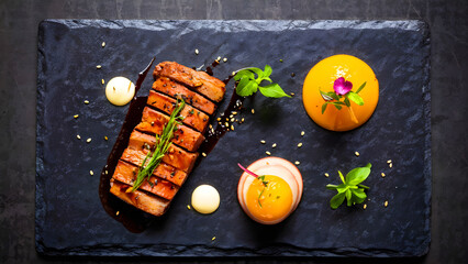 Gourmet plated dish featuring sliced meat, vibrant orange purée, and delicate garnishes. A sophisticated culinary presentation on a dark slate.