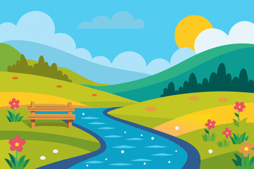 Fototapeta premium Summer landscape with green hills and a blue sky with clouds over mountains and a winding road