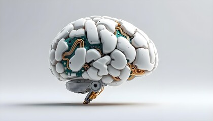 Futuristic brain with exposed circuit board and golden wires, conceptual AI brain computer interface and advanced cybernetic intelligence integration design