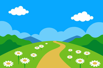 Vibrant summer and spring landscapes with flowers, green hills, and a sunny sky with clouds