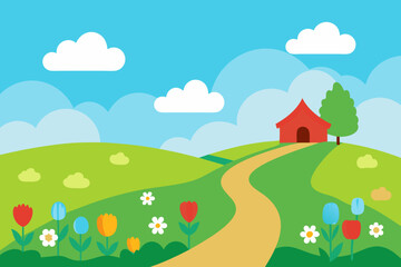 Fototapeta premium A cartoon rural landscape with a green meadow and a house under a sunny blue sky with fluffy clouds
