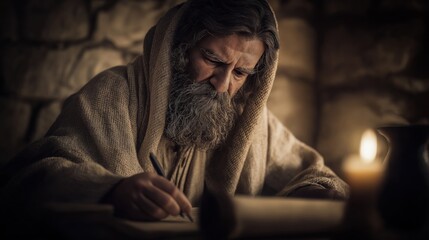 Jeremiah writes Lamentations by flickering candlelight in a dark stone room. Tears roll down his face as his trembling hand moves across the parchment. Shadows flicker, echoing deep sorrow.