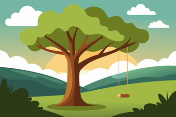 Obraz premium Vector cartoon illustration of a summer landscape with green hills, a field of flowers, and trees under a cloudy sky