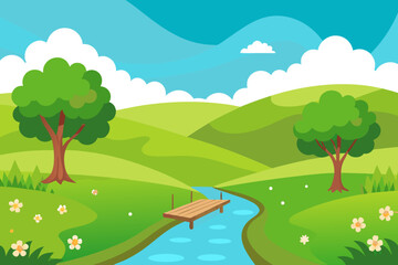 Fototapeta premium Vector summer landscape with green trees, grass, and mountains under a clear sky