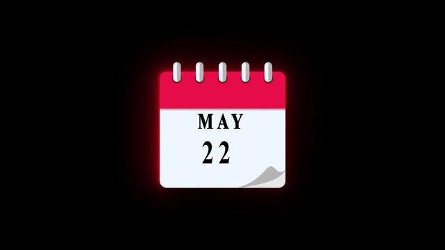 22 MAY date calendar icon animation, calendar icon video, calendar moving neon black background animation.