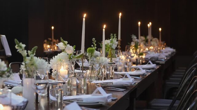 The event space is beautifully arranged with floral centerpieces and soft lighting for a warm ambiance