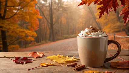 Autumnal coffee drink, warm fall foliage, rustic wooden table
