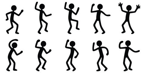 Stickman silhouette icons of dance poses showing energetic movements and party gestures in simple pictogram style