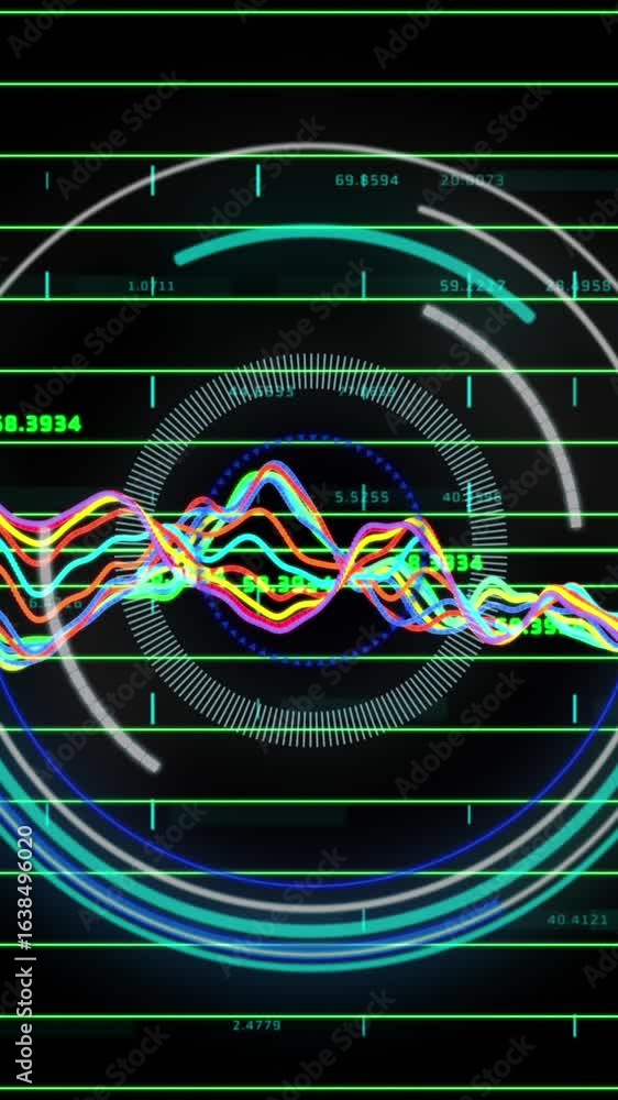 Poster animation of scope scanning and financial data processing over black background