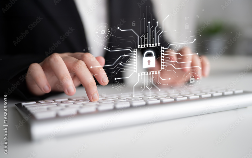 Poster cyber security system protecting digital infrastructure. cyber security ensures data safety, prevent