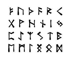 Runes icon set. Ancient Norse viking symbols, mystical futhark alphabet signs for magical and pagan design projects. Vector illustration isolated on a white background in rough hand drawn style.
