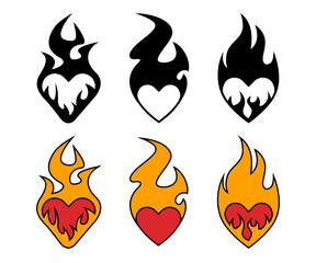 Heart in flames tattoo style designs. Black and white and color concept of intense passion, fiery emotions, and bold energy. Vector illustration isolated on a white background