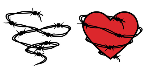 Heart wrapped in barbed wire. Gothic or punk love symbol, heartbreak concept. Valentines day dark aesthetic. Vector illustration isolated on a white background in flat style.