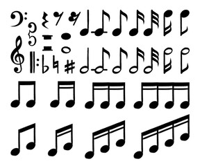 Fototapeta premium Music notes icon set featuring diverse note values, multiple clefs - bass, treble, alto - rests, and accidentals like sharps and flats, illustrating essential components of musical notation and theory