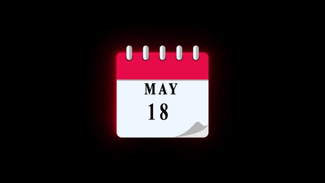 18 MAY date calendar icon animation, calendar icon video, calendar moving neon black background animation.