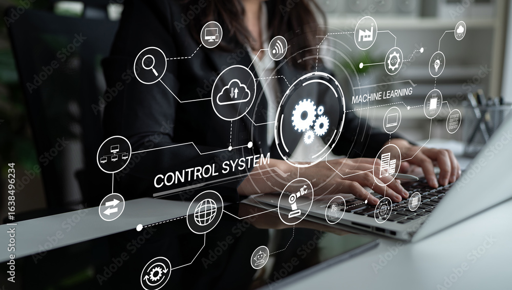 Poster modern automation drives workflow efficiency by connecting systems, people, and data. with intellige