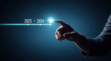 Reaching 2026: Hand Touching Future Timeline, Business Growth, Strategy and Innovation, Target Achievement, Planning and Forecasting Concept