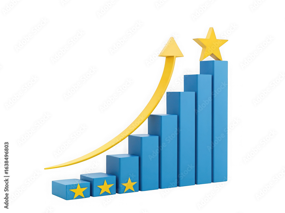 Poster blue bar graph with yellow arrow and stars showing upward trend isolated on transparent background