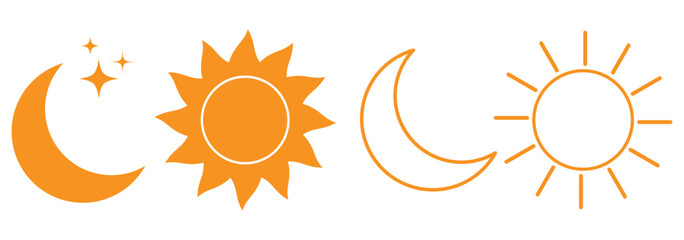 Sun and moon icon vector day and night icon set. dark and light mode icons contrast level signs and symbols for app user interface and web elements. Sun and night moon with stars editable stroke eps10