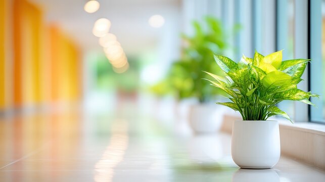 Corridor With Potted Plants and Soft Lighting in a Health Facility