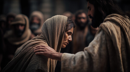 Jesus heals the woman bent for eighteen years—his hand rests on her back as she slowly straightens. The temple falls silent, and the crowd parts in reverent awe of the quiet miracle...