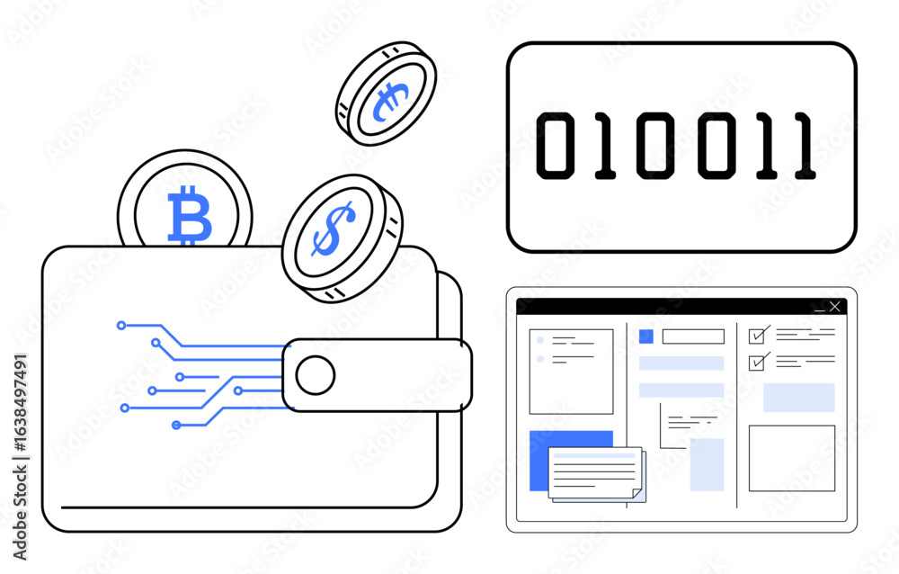 Aufkleber digital wallet holding bitcoin and dollar coins, binary code display, and online transaction interfa
