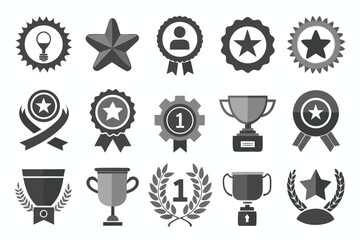 Assortment of Award Icons Depicting Achievement and Recognition Including Shields Laurel Wreaths Trophies and Medals in a Flat Style