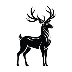 Majestic black silhouette of a stag with impressive antlers standing proudly against a clean white background symbolizing nature and wildlife