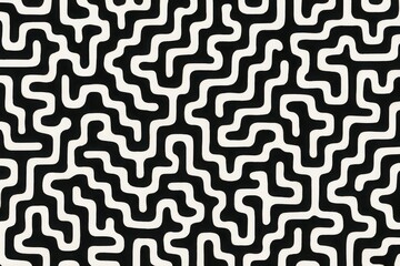 Labyrinth Maze Geometric Line Abstract Pattern, Black and White Seamless Background