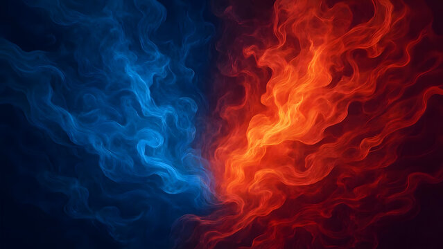 Abstract blue ice and red fire smoke swirls meeting in the center, symbolizing the contrast between cold and heat.