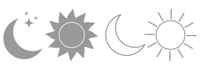 Sun and moon icon vector day and night icon set. dark and light mode icons contrast level signs and symbols for app user interface and web elements. Sun and night moon with stars editable stroke eps10