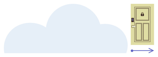 Yellow locked door with secure keypad linked to blue cloud via an arrow, representing cybersecurity, data privacy, digital safety, online access, encryption, cloud storage, simple flat metaphor