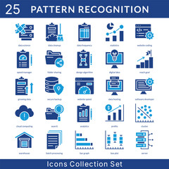 Pattern Recognition icon set collection in solid glyph style. an icon pack contain statistics, website coding, speed manager, folder sharing, design algorithm, digital idea, reach goal, growing data
