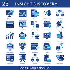 nsight Discovery icon set collection in solid glyph style. an icon pack contain data sync, machine learning, system sharing, coding, analytic board, data sharing, decision making, prediction
