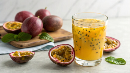 Fresh passion fruit smoothie in a glass, surrounded by whole and sliced passion fruit
