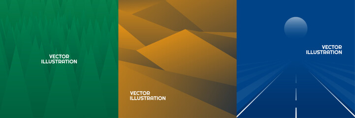 Vector illustration. Set of minimalist polygonal landscape scenes. Bright color road, desert hills, forest trees. Futuristic flat design elements for square banner, blog post, social media template