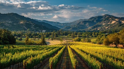 Fototapeta premium A picturesque vineyard in the Napa Valley with rows of grapevines and rolling hills.
