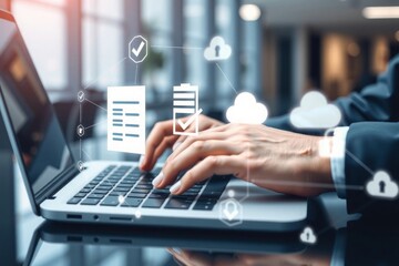 Modern business user typing on laptop with digital data overlay