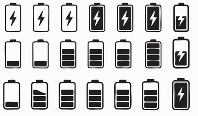 Battery icon set. low to full battery level status indicator with charging symbol for mobile app, ui, and other design. vector illustration on transparent background