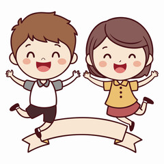 Happy Kids Jumping Over Banner | Cute Cartoon Children Illustration