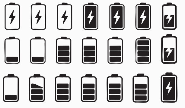 Battery icon set. low to full battery level status indicator with charging symbol for mobile app, ui, and other design. vector illustration on transparent background