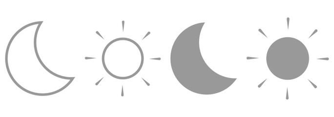 Sun moon vector icon set, day and night sign, dark and light mode icon, shining sun aand crescent noon, screen brightness icon, vector illustration. Sun and moon icons set eps 10