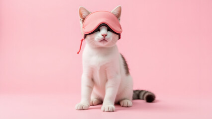 Fototapeta premium Sleepy cat wearing pink eye mask against pink background