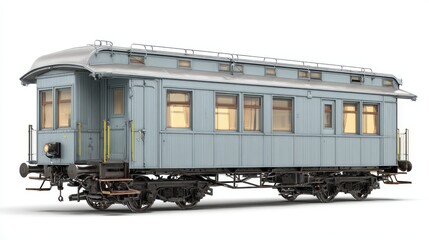 A side view of a classic train carriage on a clean white isolated background, showcasing its design and features for educational purposes.
