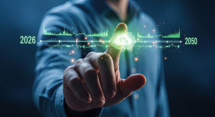 Reducing CO2 Emissions: A Vision for 2050. Hand Touching Digital CO2 Cloud, Graph Showing Emission Reduction Targets, Sustainable Future Concept