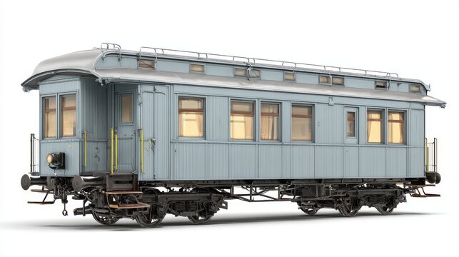 A side view of a classic train carriage on a clean white isolated background, showcasing its design and features for educational purposes.