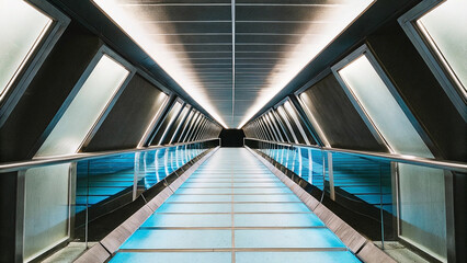 Fototapeta premium Futuristic tunnel, converging perspective, glowing blue floor, symmetrical design