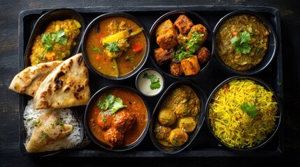 A traditional Indian tiffin packed with colorful and flavorful dishes, captured in an overhead view.