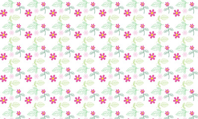 Seamless Pink Floral Pattern with Green Leaves on White Background.